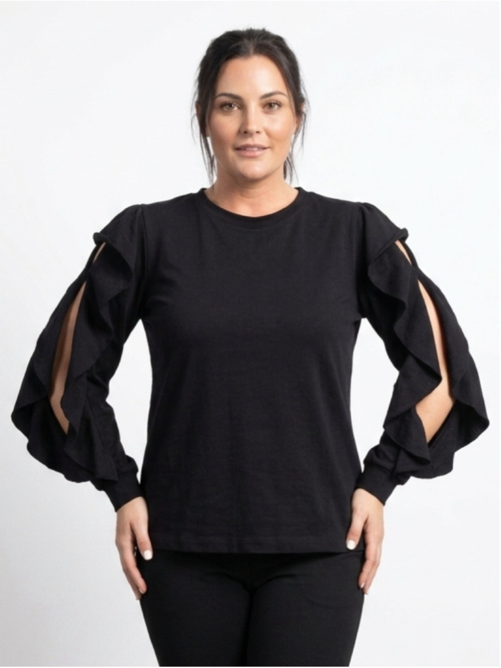 Women's TWO by Vince Camuto Ruffle Sleeve Top / Sweatshirt in Black Medium - 757